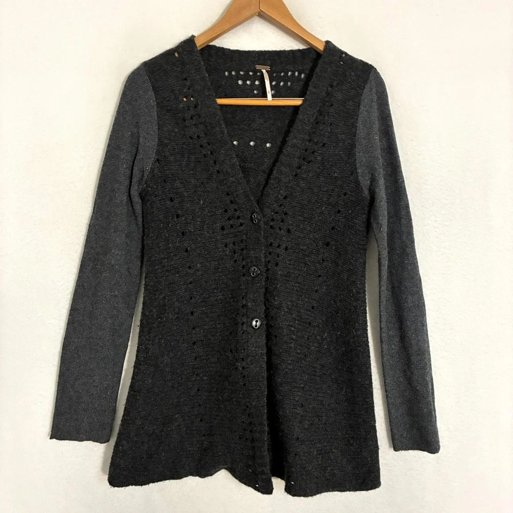 Free People Wool Blend Cardigan‎ Sweater Womens Size S Knit Artsy Boho Inlay